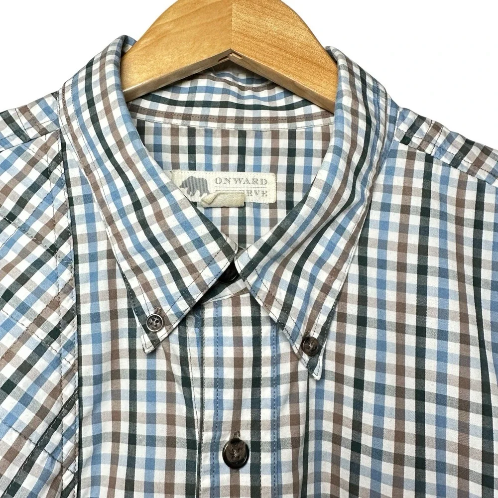 Onward‎ Reserve XL Gingham Shirt Blue Brown Plaid Outdoor Vented Fishing Cotton
